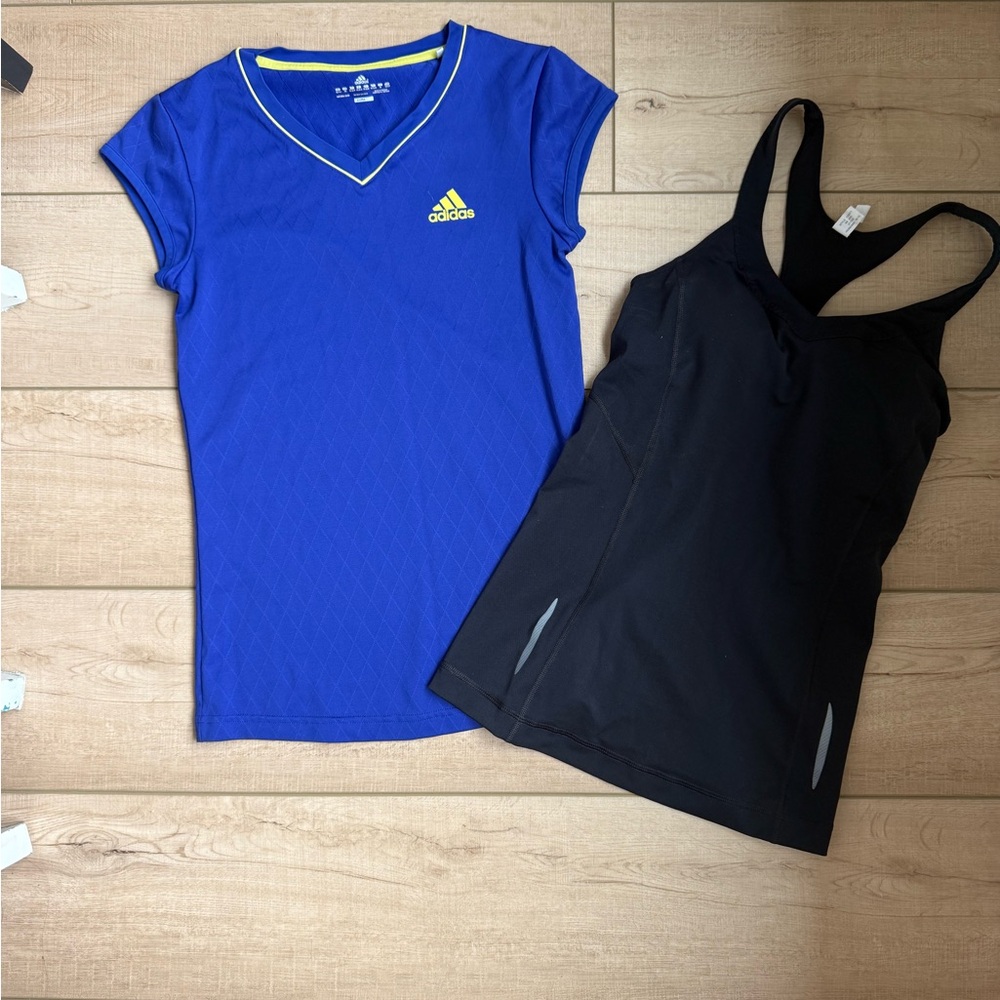 Adidas Blue Top and Under Armour black tank